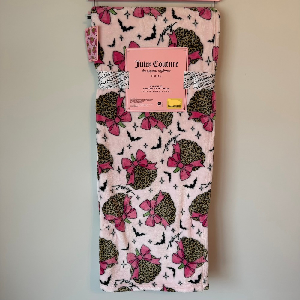 New Juicy Couture Halloween Pink Blanket 60x70 Leopard Pumpkins Bows Black Bats